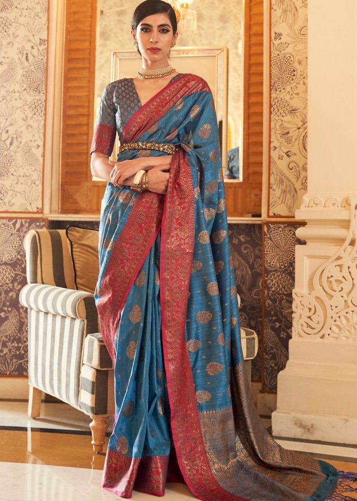 Handwoven Navy Blue Banarasi Tussar Silk Saree – Sumangal Banaras